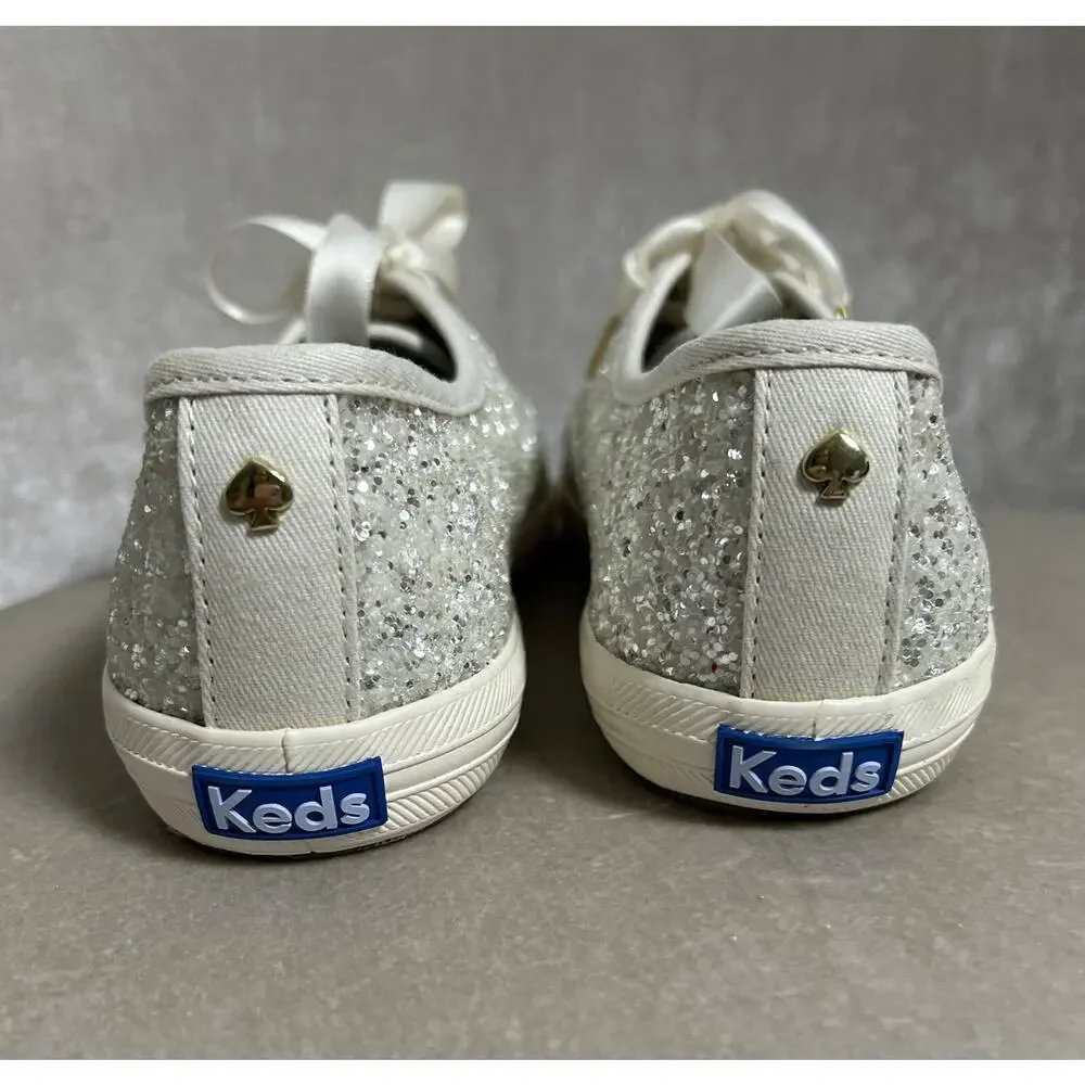 NEW! Keds X Kate Spade New York Champion White Glitter Sneakers w/ Ribbon, 6.5